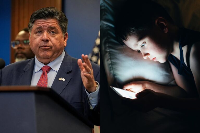Gobernador JB Pritzker hablando sobre la ley de protección a menores en redes sociales en Illinois.