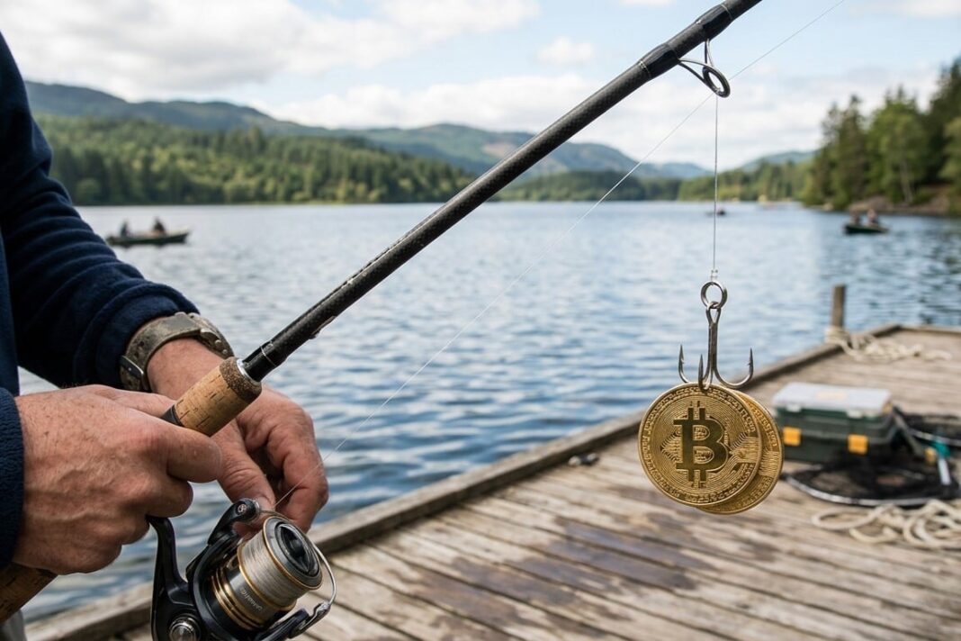 Ilustración conceptual de una billetera de criptomonedas con un símbolo de candado y un sello policial.