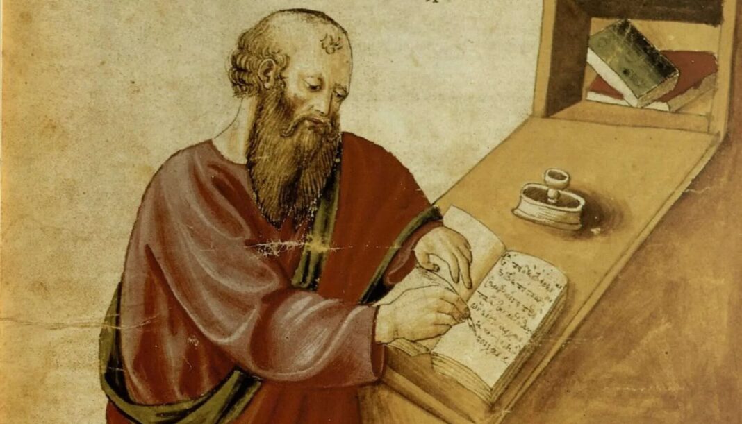 Representación artística de Aristóteles reflexionando sobre la virtud y la felicidad.