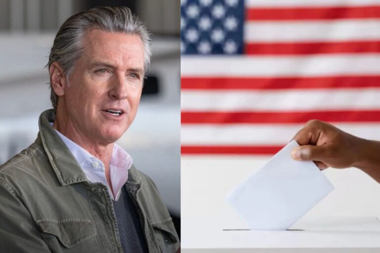 Mapa de California con iconos de urna de votación y gráficos de encuestas