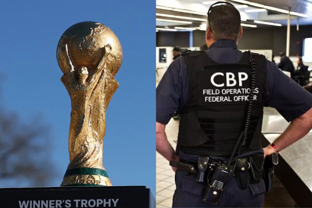 Agente de la CBP revisando documentos de un viajero en un aeropuerto internacional.