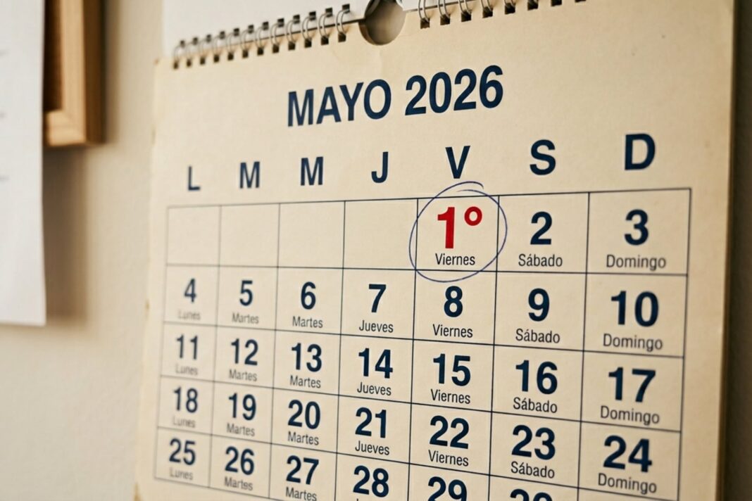Calendario mostrando el feriado del 1 de mayo de 2026, Día del Trabajador, en Argentina.
