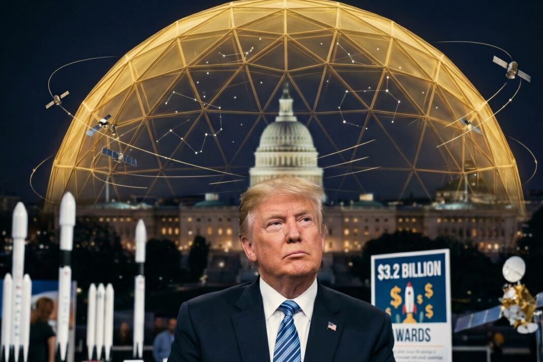 Representación artística del escudo antimisiles Cúpula Dorada en el espacio