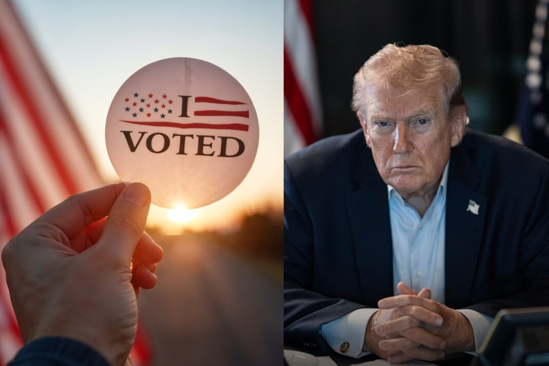 Gráfico representativo de encuestas electorales en Estados Unidos con banderas de fondo.