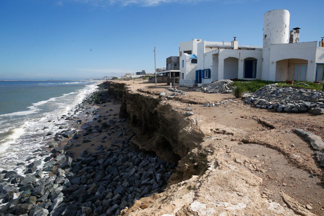 Acantilados erosionados en la Bahía de los Vientos, Necochea, con nidos de loros barranqueros