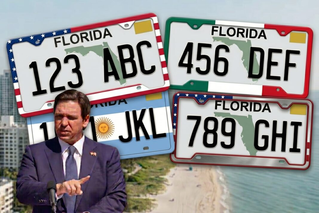 Ilustración de una matrícula de vehículo de Florida con un marco decorativo.