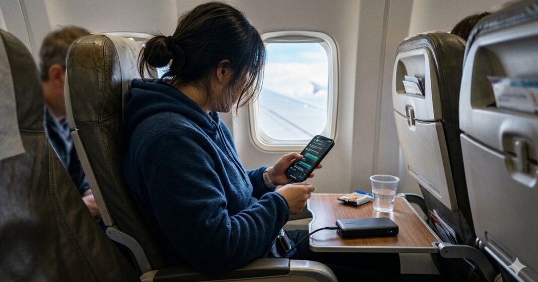 Powerbanks y cargadores portátiles sobre un asiento de avión, con cinturón de seguridad de fondo