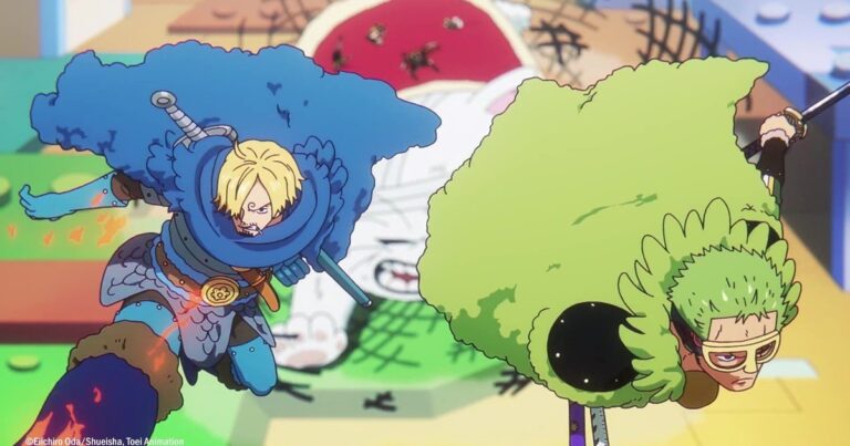Ilustración promocional del Arco de Elbaph de ONE PIECE con Luffy y su tripulación.