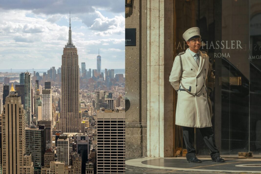 Portero o conserje en la entrada de un edificio residencial en Manhattan.