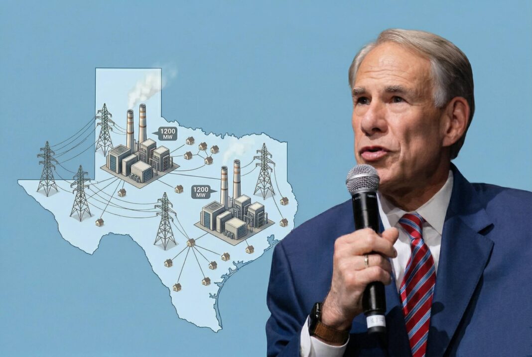 Ilustración de una planta de energía moderna o el gobernador Greg Abbott en un evento de inauguración de obras.