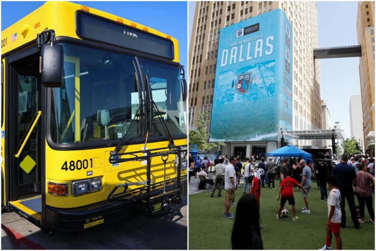 Mapa esquemático o ilustración del sistema de transporte para el Mundial 2026 en la región de Dallas-Fort Worth, Texas.