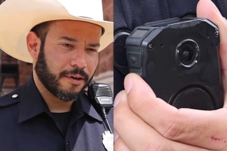 Agente de policía revisando una cámara corporal con función de traducción en pantalla.