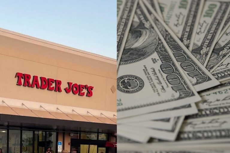 Logotipo de Trader Joe's y un recibo de compra con detalles de tarjeta de crédito.