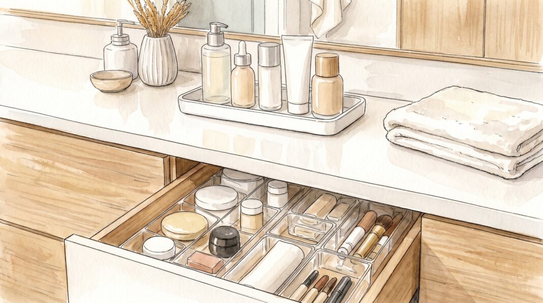 Organizadores de maquillaje sobre un tocador con bandejas decorativas y vitrinas