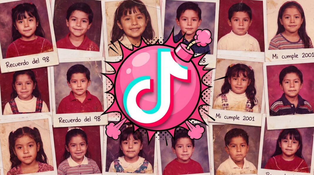 Captura de pantalla de un video de TikTok con el trend chicles bomba, mostrando una foto infantil y texto alusivo